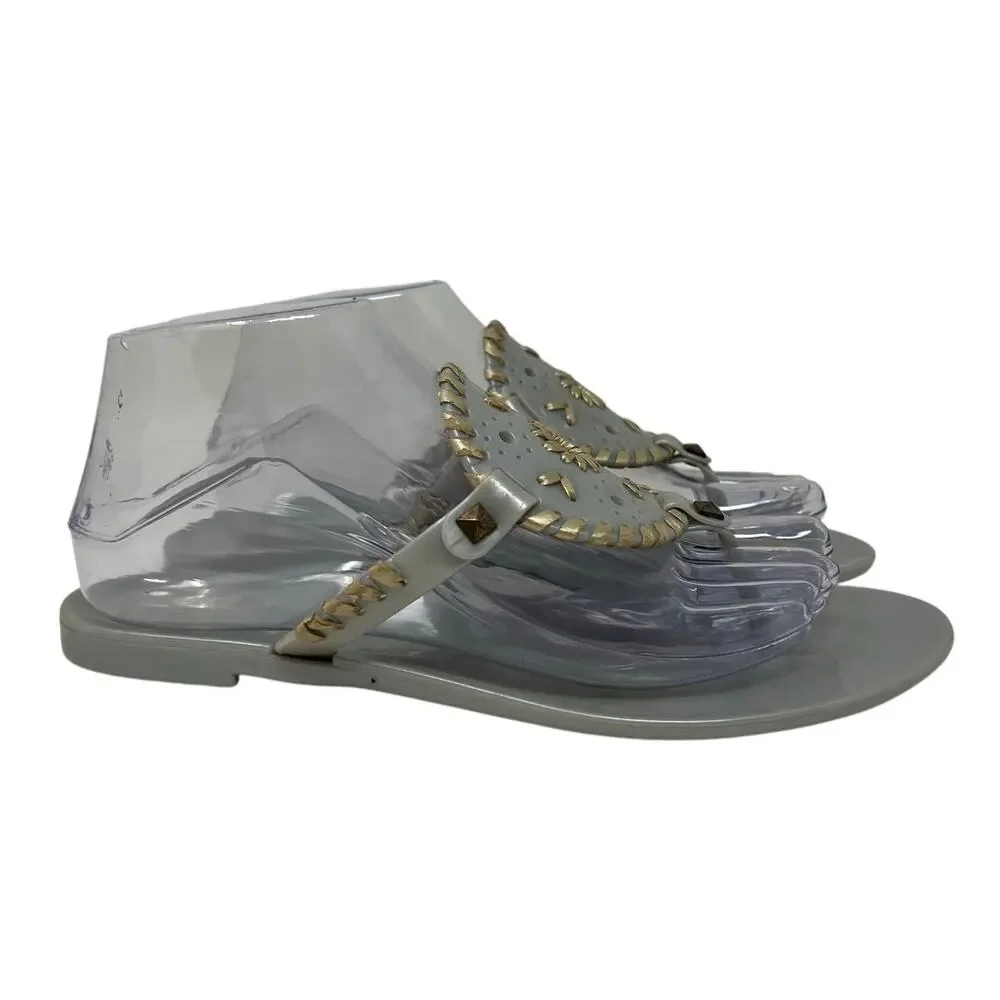 Jack Rogers Georgica Silver Gold Medallion Whip Stitch Leather Jelly Sandals 8